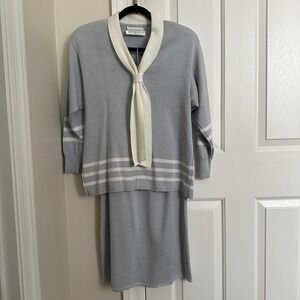 Vintage I. Vivanti Magnin Petites Knit Sweater‎ Skirt Set Striped Light Blue